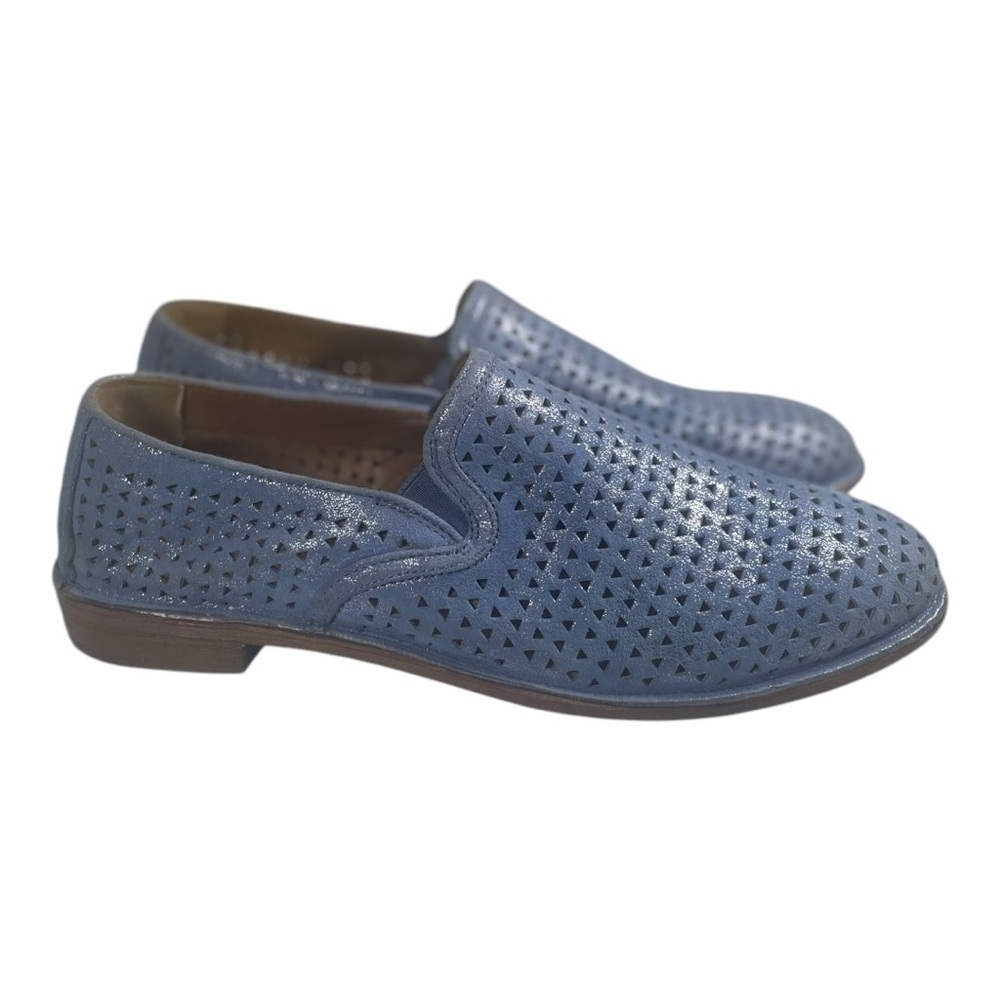 Trask Women’s Ali Perforated Blue Metallic Suede Slip On Loafers